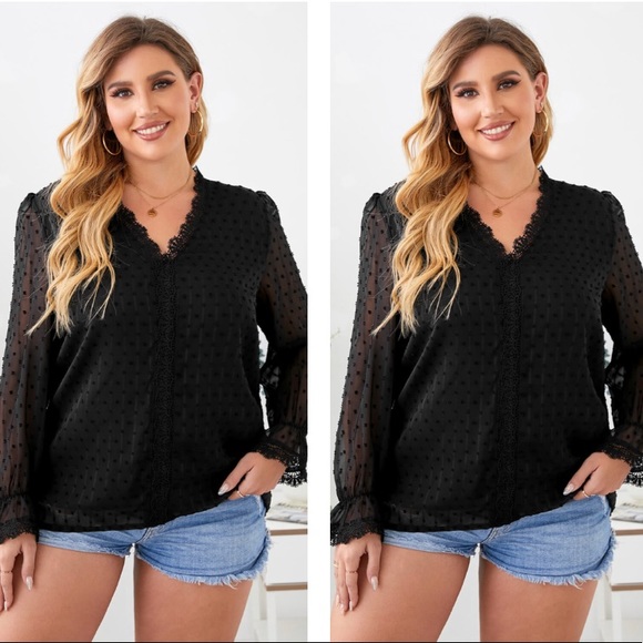 Tops - Black Plus Size Swiss Dot Lace Trim Long Sleeve Puff Sleeve Blouse